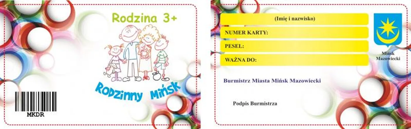 Kliknięcie powiększy obraz. Karta Rodzina 3+ zawierająca kolorowe obramowanie, kreskówkową rodzinę i pola na imię, numer karty, PESEL oraz datę ważności.