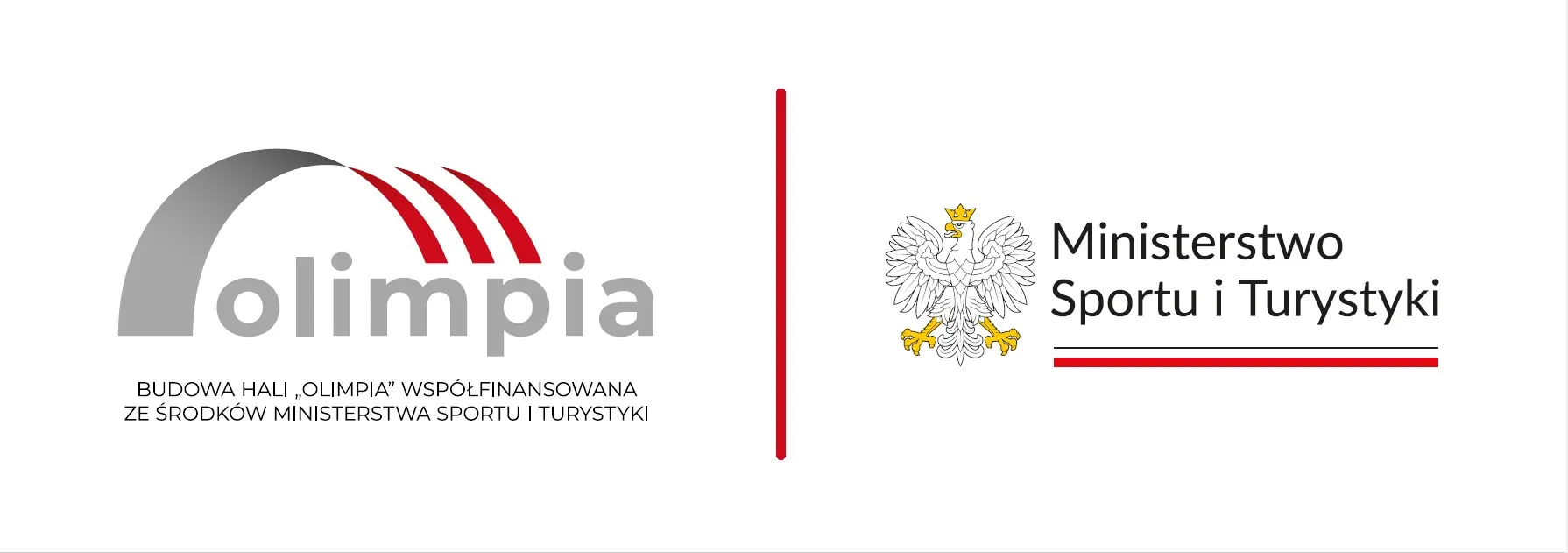 Kliknięcie powiększy obraz. Białe tło z poziomym układem dwóch znaków. Po lewej szare, łukowe logo z trzema czerwonymi zakrzywionymi paskami nad nim. Po prawej herb białego orła w złotej koronie oraz czarny tekst w dwóch wierszach. Między znakami stoi cienka pionowa czerwona linia.
