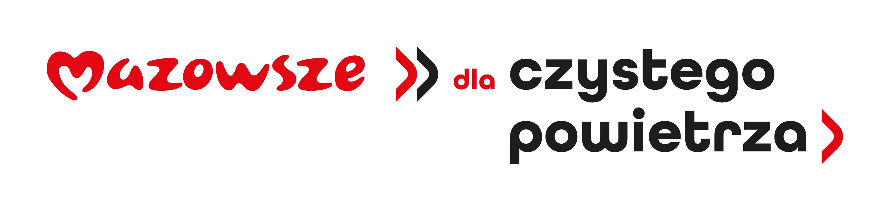 Napis „Mazowsze dla czystego powietrza” z czerwonym i czarnym tekstem oraz czerwonymi i czarnymi strzałkami.