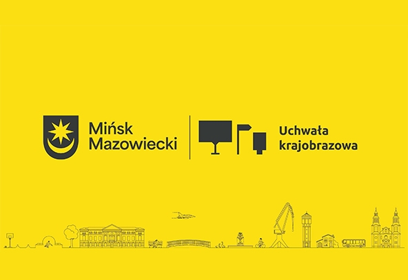 Jaskrawe żółte tło. Po lewej ciemny herb z ośmioramienną gwiazdą nad półksiężycem i obok dwuliniowy napis. Środek dzieli cienka pionowa kreska. Po jej prawej trzy ciemne ikony przypominające tablice i słupek. U dołu cienka linia tworzy zarys panoramy miasta z budynkami, mostem, żurawiem portowym, wieżą, tramwajem i nisko lecącym samolotem.