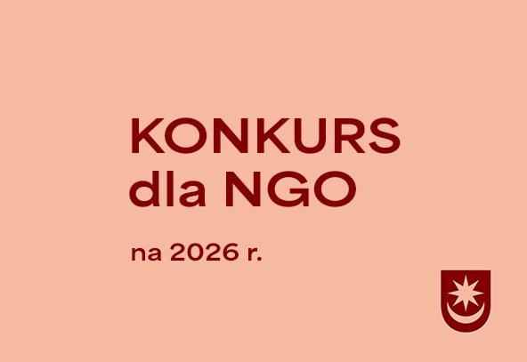 Jasnoróżowo-brzoskwiniowe tło. Na środku znajduje się duży ciemnoczerwony napis informujący o konkursie dla organizacji pozarządowych, pod nim mniejszy ciemnoczerwony tekst z rokiem. W prawym dolnym rogu ciemnoczerwony emblemat z ośmioramienną gwiazdą.