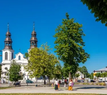 Budynek kościoła z dwoma wieżami w tle oraz drzewa i ludzie na placu przed nim.
