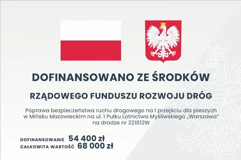 Flaga Polski i godło Polski nad tekstem informującym o dofinansowaniu rządowego funduszu rozwoju dróg na poprawę bezpieczeństwa ruchu drogowego w Mińsku Mazowieckim z podanymi kwotami dotacji.