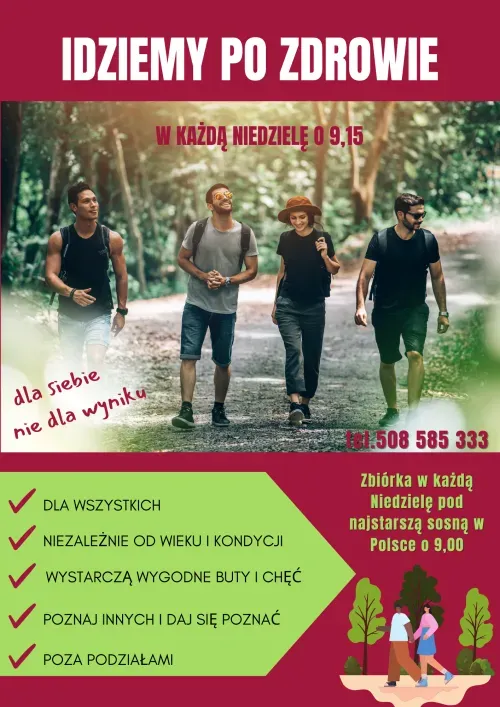 Kliknięcie powiększy obraz. Cztery osoby spacerujące po leśnej ścieżce, ubrane w sportowe ubrania.