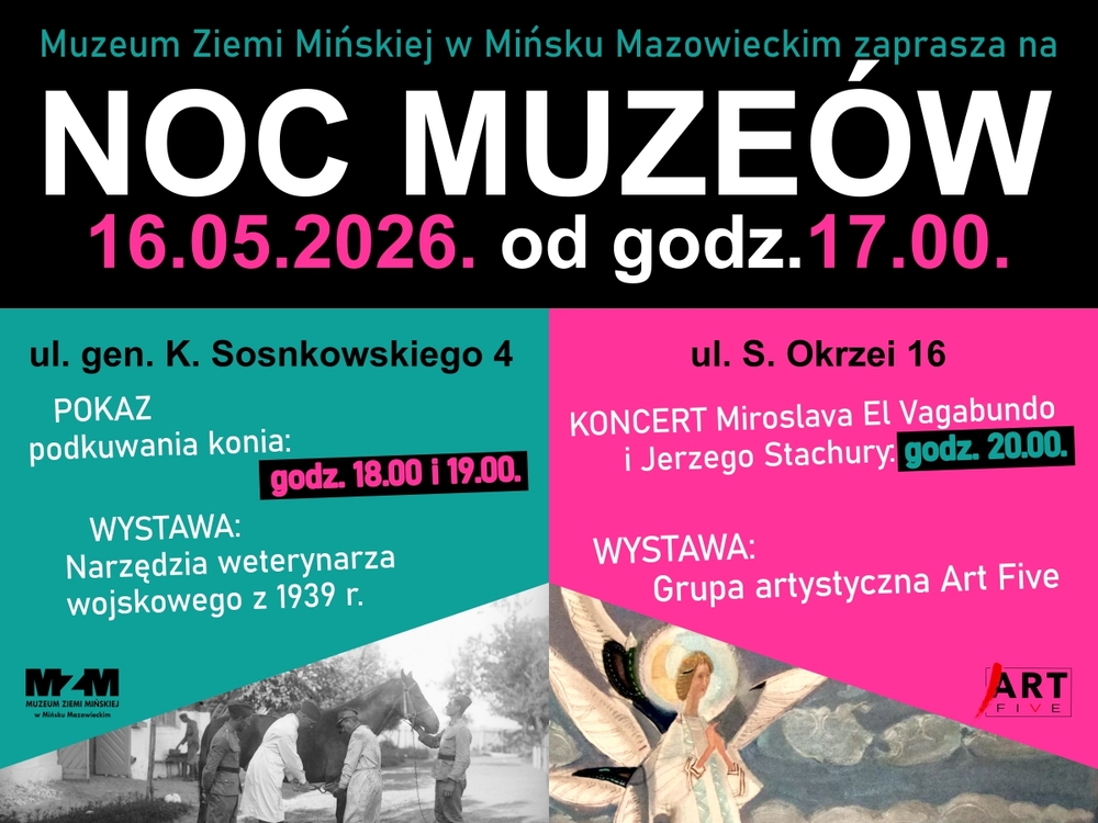 Kliknięcie powiększy obraz. Plakat reklamowy w poziomie o czarnym nagłówku i dużym białym tytule. Pod nagłówkiem duży różowy akcent na datę i godzinę. Dwa pionowe panele pod spodem: lewy turkusowy z czarno-białym zdjęciem kowala przy koniu w dolnym rogu. Prawy różowy z kolorową ilustracją anioła w dolnym rogu. Na dole widoczne dwa małe logotypy muzeum i grupy artystycznej.
