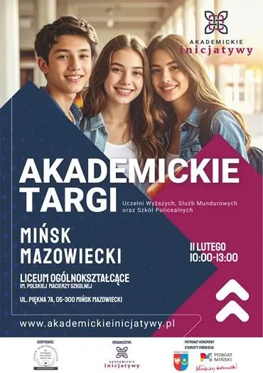 Kliknięcie powiększy obraz. Trzy uśmiechnięte młode osoby na tle jasnego pomieszczenia. Po lewej i prawej stronie grafika z informacjami o Akademickich Targach w Mińsku Mazowieckim, data i godzina wydarzenia oraz miejsce. Kolory dominujące to granatowy i bordowy.