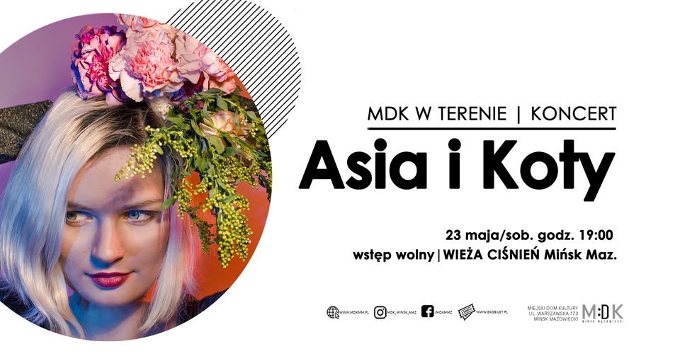 Kliknięcie powiększy obraz. Kobieta o jasnych włosach z kwiatowym wiankiem i zielonymi gałązkami po lewej. Okrągłe zdjęcie na białym tle. Po prawej duży, czarny, pogrubiony tytuł zapowiadający koncert oraz mniejsze informacje o dacie, godzinie i miejscu. Logotyp organizatora i ikony mediów społecznościowych u dołu.