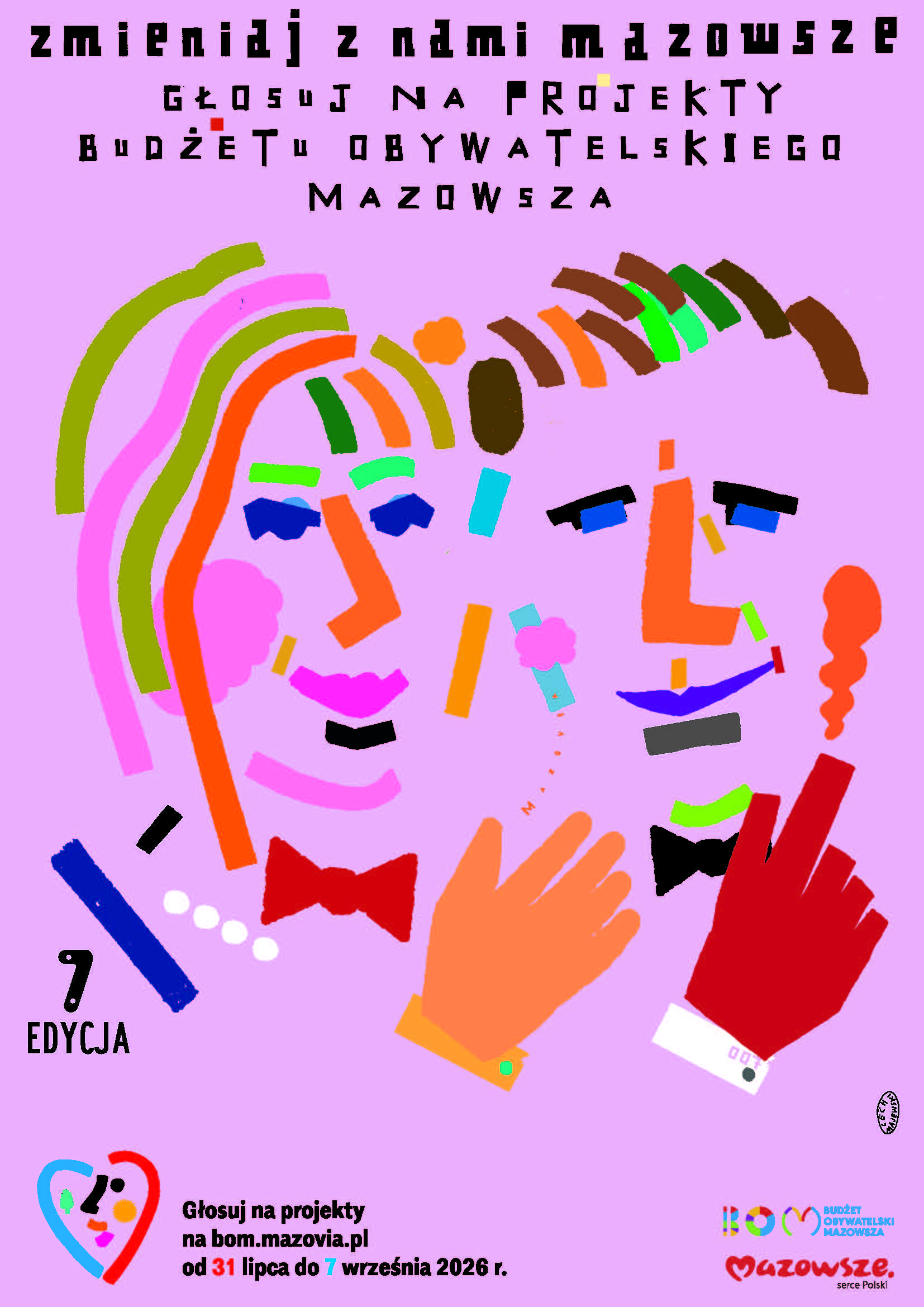 Kliknięcie powiększy obraz. Pastelowofioletowe tło z dwiema uproszczonymi, kolorowymi twarzami złożonymi z geometrycznych pasków i kształtów pośrodku. Pośrodku dłonie w kontrastowych kolorach skierowane ku sobie jak do uściśnięcia lub oklasku. U góry czarne, kanciaste napisy w rzędach, u dołu kolorowe logo i znaki identyfikujące projekt.