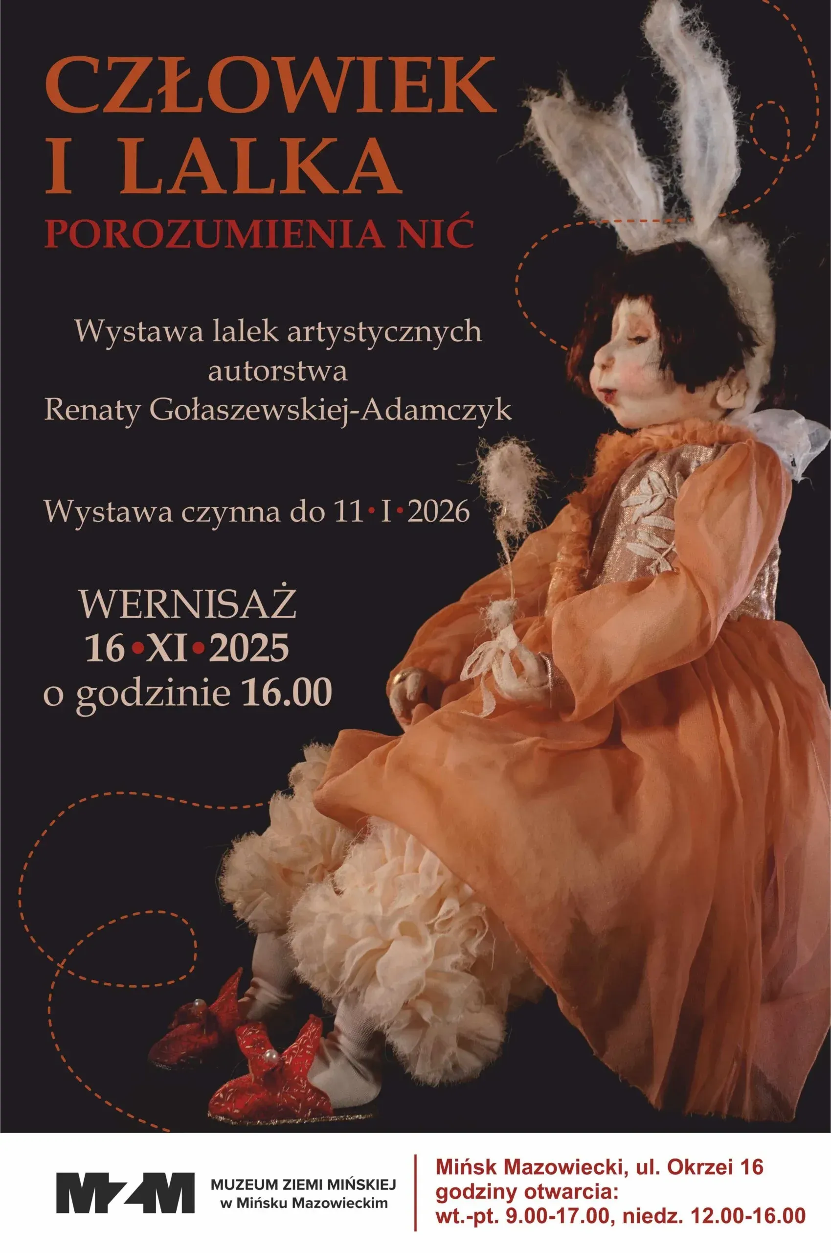 Kliknięcie powiększy obraz. Na ciemnym tle kolorowe informacje. Po prawej stronie lalka w pomarańczowej sukni, białej spódnicy i czerwonych bucikach, z króliczymi uszami na głowie, trzymająca kwiat.