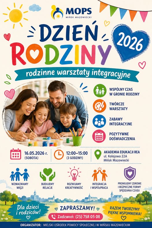 Kliknięcie powiększy obraz. Kolorowy plakat z dużym napisem Dzień Rodziny i sercem z rokiem 2026. Logo MOPS u góry i kolorowe flagi dekorują tło. W środku okrągłe zdjęcie rodziny: dwoje dorosłych i dwoje dzieci siedzi przy stole i rysuje. Po prawej ikonki ilustrują wspólny czas, warsztaty, zabawy i pozytywne doświadczenia. U dołu sekcja z datą, godziną i miejscem wydarzenia oraz zachętą dla dzieci i rodziców.