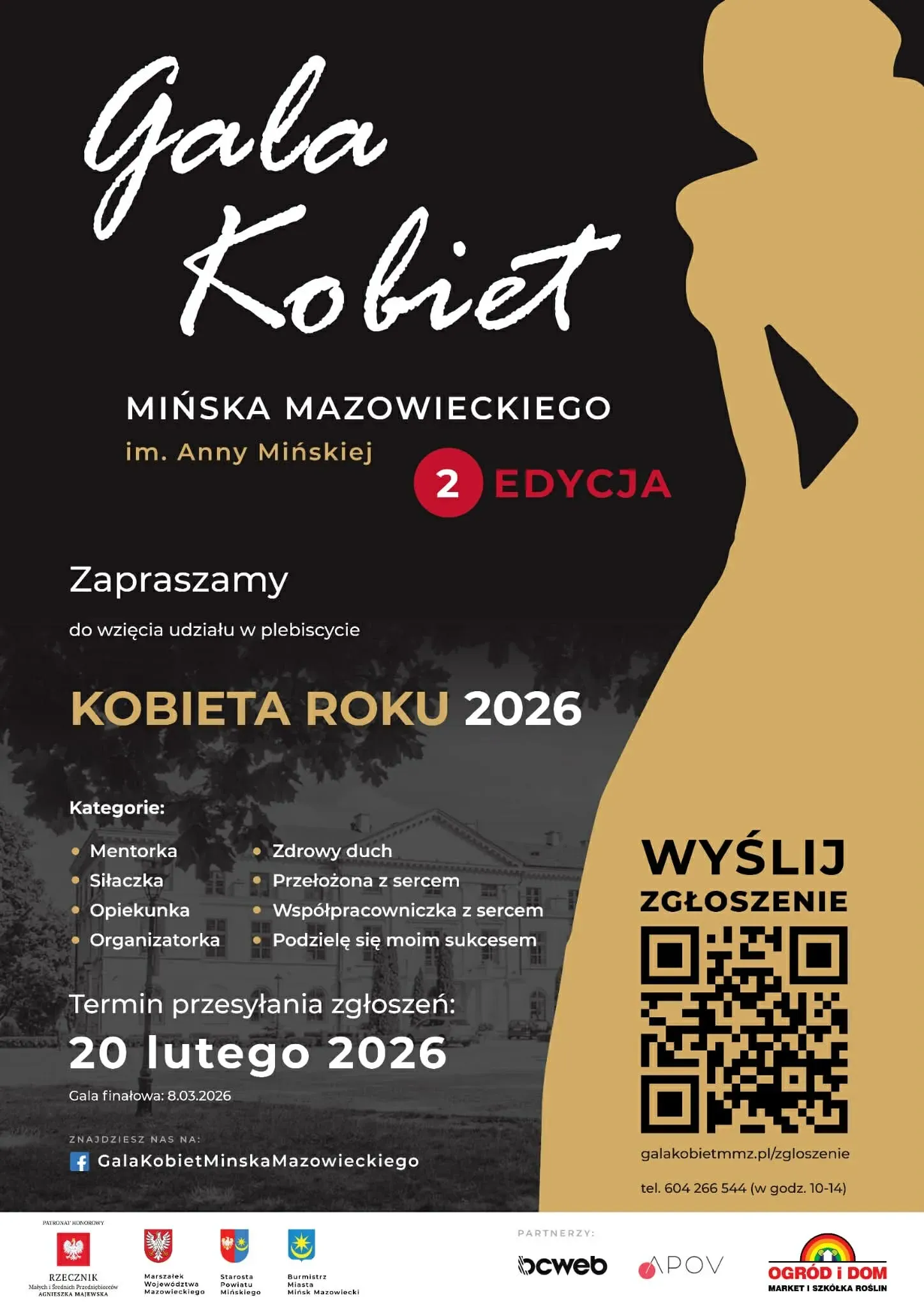 Kliknięcie powiększy obraz. Po lewej stronie na czarnym tle białe i złote napisy oraz lista kategorii konkursu na Kobietę Roku 2026. Po prawej stronie złota sylwetka kobiety kodu QR do wysłania zgłoszenia. U dołu logotypy partnerów i patronów wydarzenia.