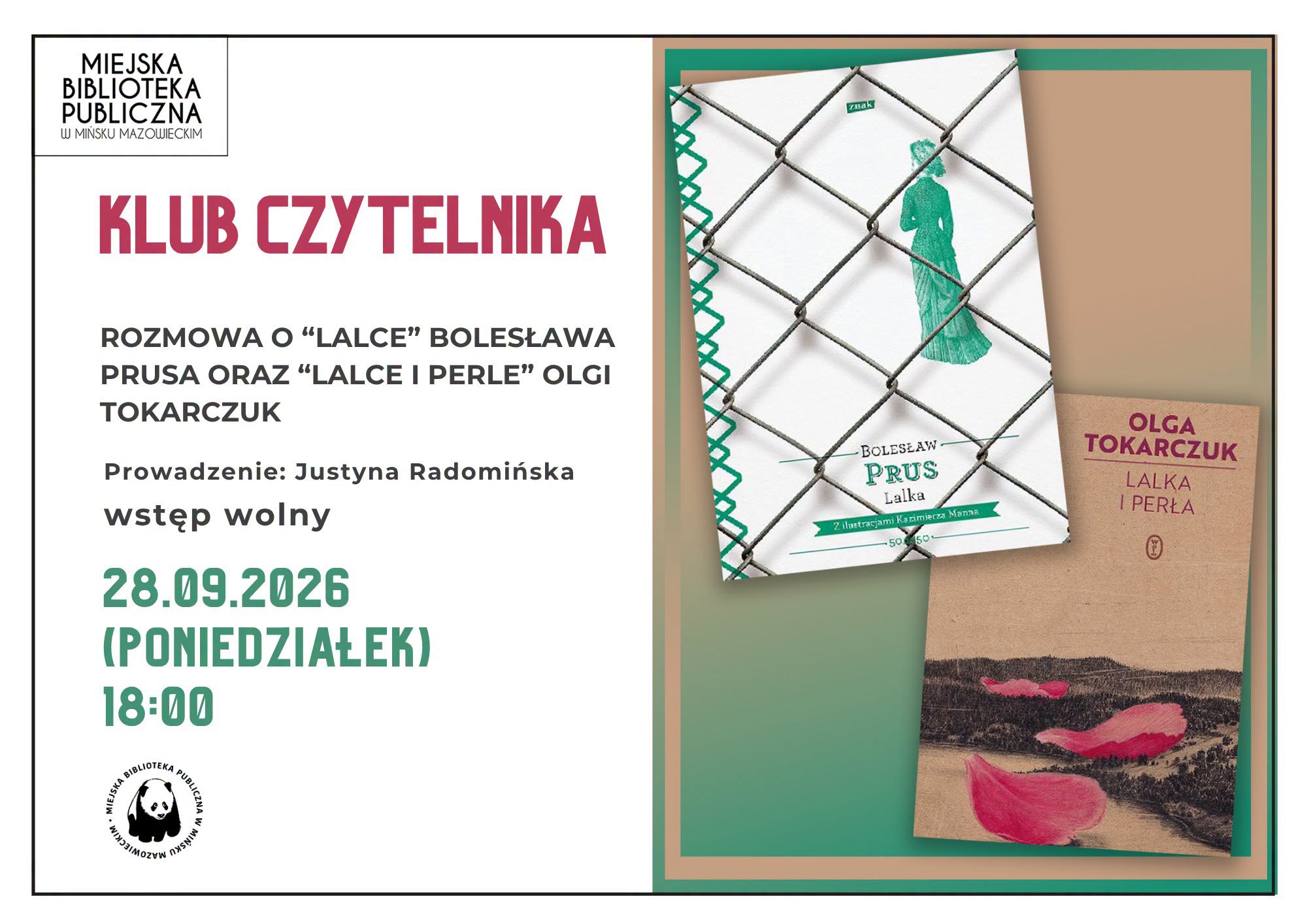 Kliknięcie powiększy obraz. Plakat informacyjny o spotkaniu w miejskiej bibliotece. Lewa strona ma biały panel z dużym różowym nagłówkiem i zielonymi cyframi daty oraz czarnym tekstem. Prawa strona ma zielono-brązowe tło z dwoma nachodzącymi okładkami książek; jedna okładka ma wzór metalowej siatki i zieloną sylwetkę postaci, druga ma brązowe tło z różowymi płatkami. W dolnym rogu lewego panelu jest czarne logo z motywem pandy.