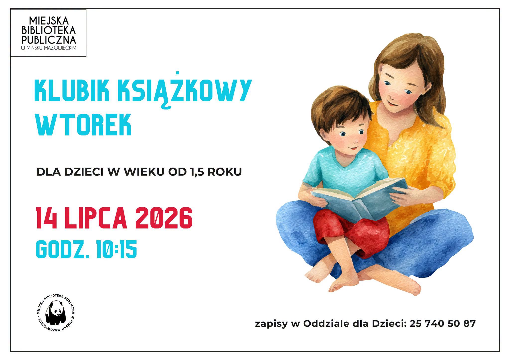 Kliknięcie powiększy obraz. Kobieta i mały chłopiec siedzą obok siebie na białym tle i wspólnie czytają książkę. Kobieta ma brązowe włosy i żółty sweter, chłopiec ma brązowe włosy, niebieską koszulkę i czerwone spodnie. Po lewej stronie widoczny jest prosty logotyp biblioteki i duża, pionowa przestrzeń z tekstem.