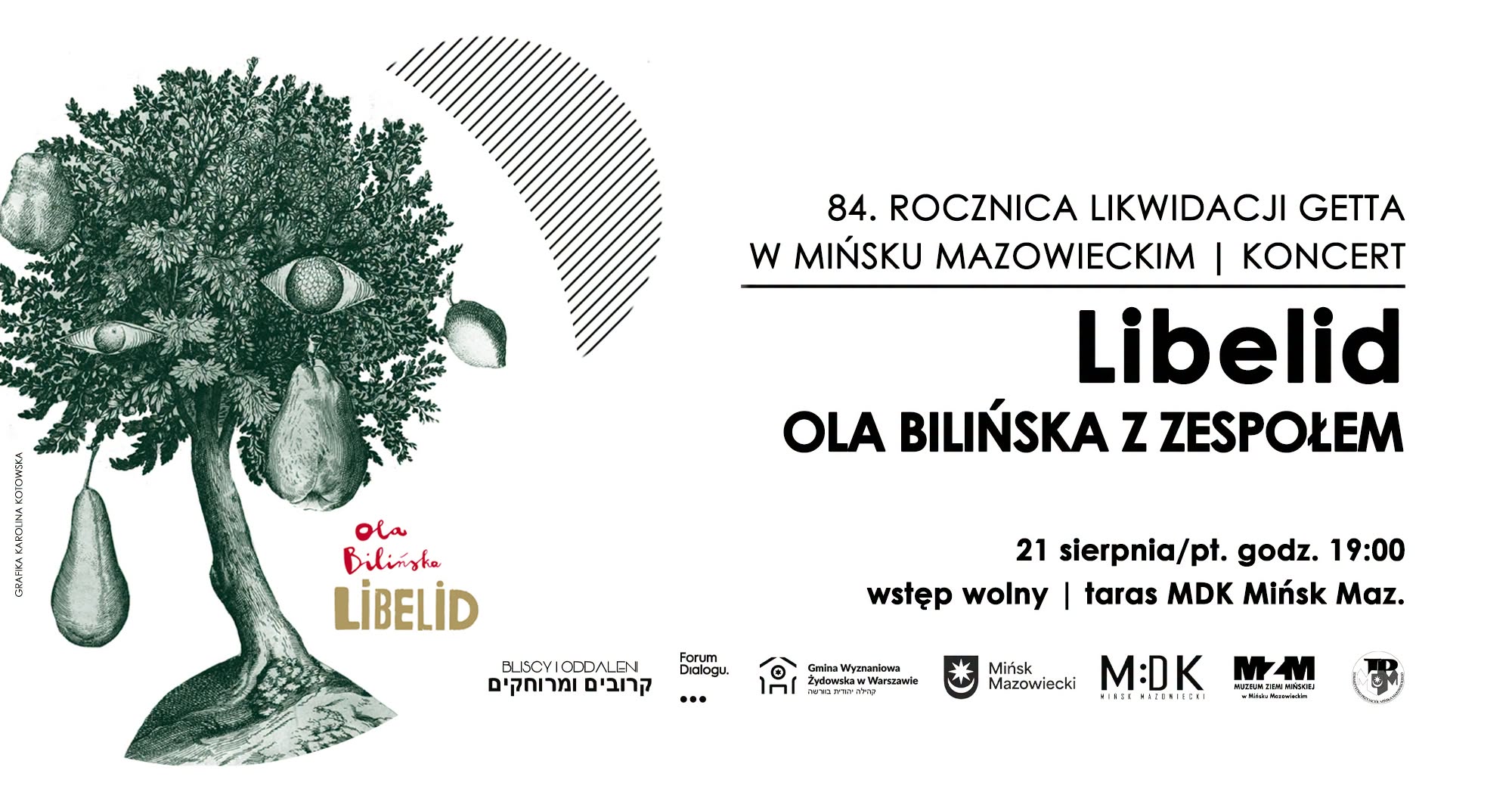 Kliknięcie powiększy obraz. Po lewej szczegółowa zielona ilustracja drzewa z liśćmi, owocami i dwoma elementami przypominającymi oczy. Po prawej duży biały obszar z wyróżnionym czarnym tytułem wydarzenia, mniejszymi informacjami o dacie i godzinie oraz rzędem czarnych logotypów i znaków organizatorów na dole. Tło białe.