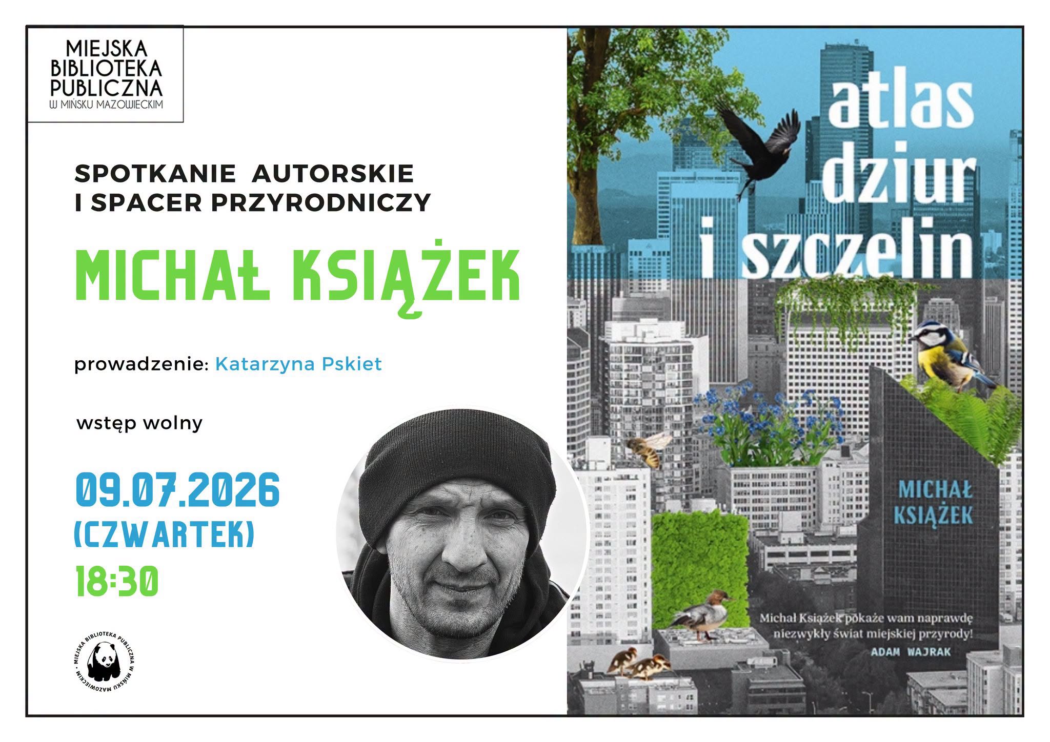 Kliknięcie powiększy obraz. Plakat dwudzielny z białą lewą kolumną i kolorową prawą częścią. Lewa strona zawiera duży zielony napis z imieniem i nazwiskiem oraz mały czarny tekst informacyjny nad i pod nim. Pośrodku lewej strony znajduje się okrągłe czarno-białe zdjęcie mężczyzny w czapce. Prawa strona pokazuje kolaż miejskich wieżowców z niebieskim niebem, gałęziami i plamami zieleni oraz kilkoma ptakami siedzącymi i lecącymi nad budynkami.