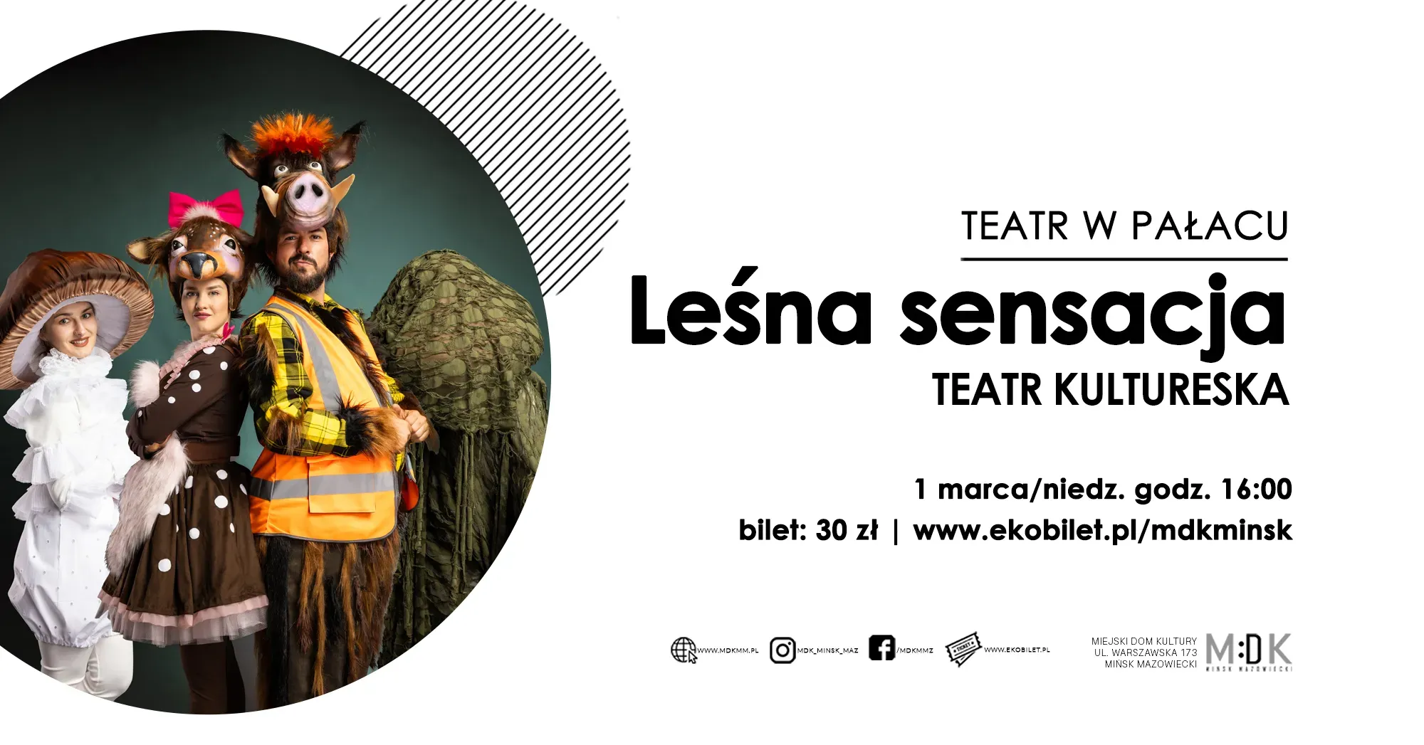 Kliknięcie powiększy obraz. Trzy osoby w kolorowych kostiumach zwierząt i grzyba stoją plecami do siebie na zielonym tle w kole po lewej stronie. Po prawej czarny tekst na białym tle z informacją o spektaklu.