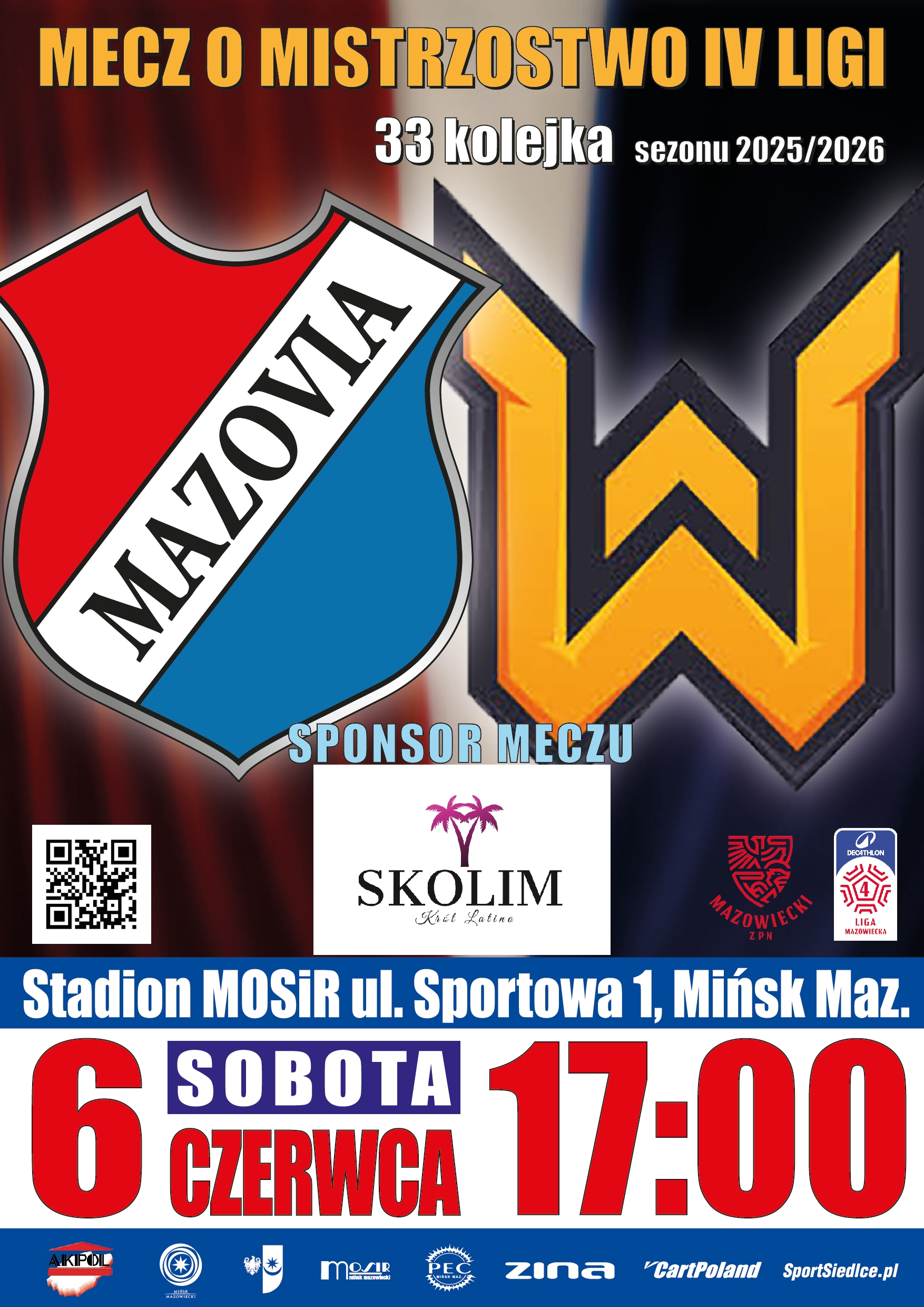Kliknięcie powiększy obraz. Dwa duże herby drużyn po lewej i prawej na ciemnym gradientowym tle. Pośrodku białe logo sponsora z fioletową palmą. U dołu szeroki pas z dużymi czerwonymi cyframi i niebieskimi paskami. W lewym dolnym rogu kod QR oraz rząd małych logotypów sponsorów.