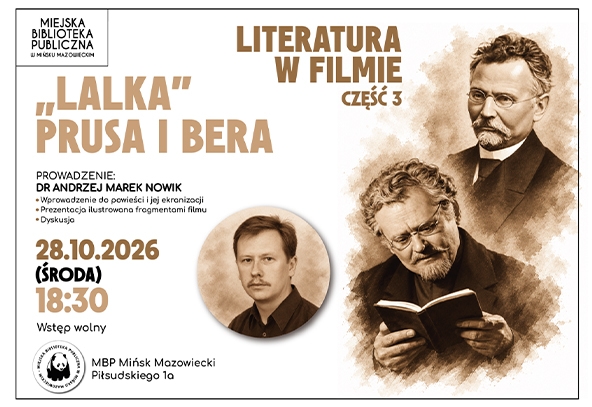 Kliknięcie powiększy obraz. Plakat ma jasnobeżową tonację. Po prawej dwie sepiowe sylwetki starszego mężczyzny, jeden siedzi i czyta książkę, drugi stoi. U dołu po lewej znajduje się okrągłe zdjęcie młodszego mężczyzny i logo biblioteki. Duży tytuł i informacje o wydarzeniu rozmieszczone są w górnej i lewej części projektu.