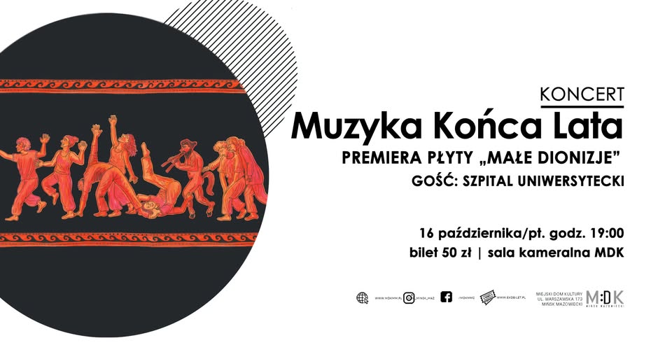 Kliknięcie powiększy obraz. Po lewej duży czarny okrąg z poziomym pasem czerwono-pomarańczowych, antycznych postaci tańczących i grających instrumenty. Po prawej biały obszar z dużymi, grubymi czarnymi nagłówkowymi napisami i kilkoma mniejszymi liniami tekstu informacyjnym. U dołu po prawej drobne ikony i logotypy. Całość ma kontrast czerni, bieli i czerwieni.