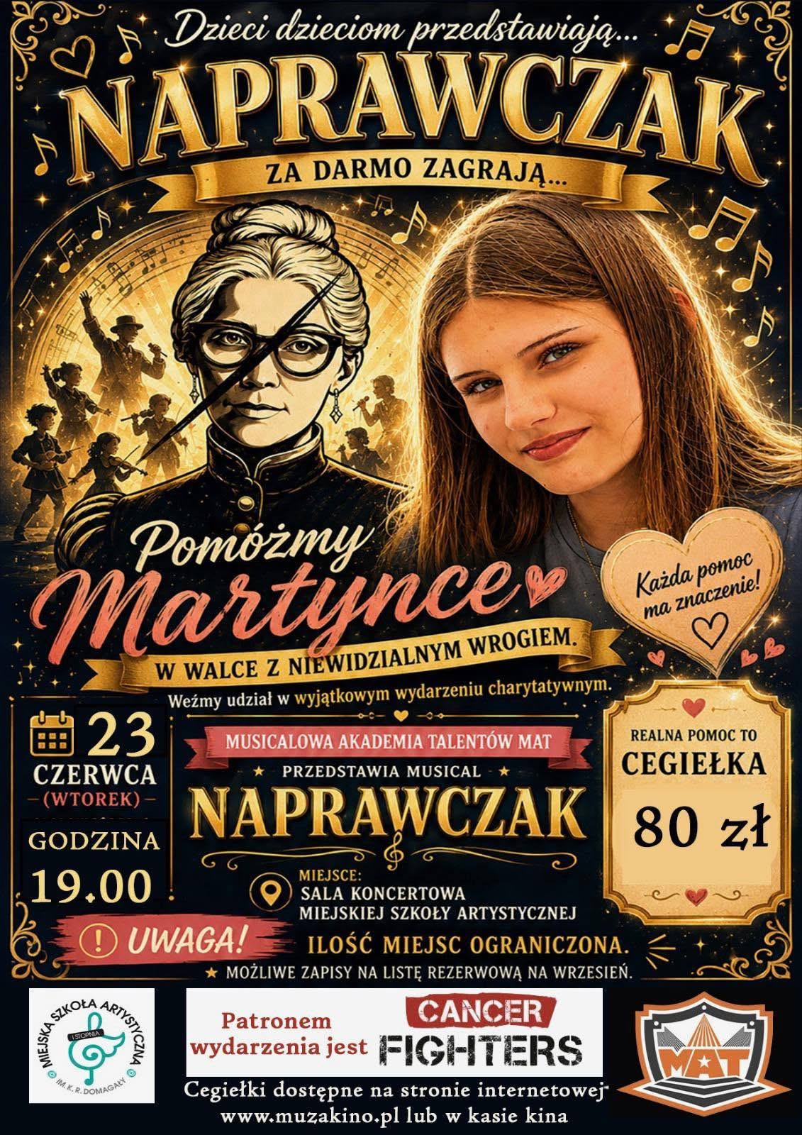 Kliknięcie powiększy obraz. Złoto-czarny plakat promuje charytatywny musical. Po lewej widnieje stylizowany portret poważnej kobiety w okularach na tle nut i sylwetek muzyków. Po prawej jest fotografia uśmiechniętej nastoletniej dziewczyny. Wokół unoszą się motywy nut, serc i ozdobne ramy. Na dole znajdują się wkomponowane informacje o wydarzeniu i symboliczna etykieta zachęcająca do wsparcia.