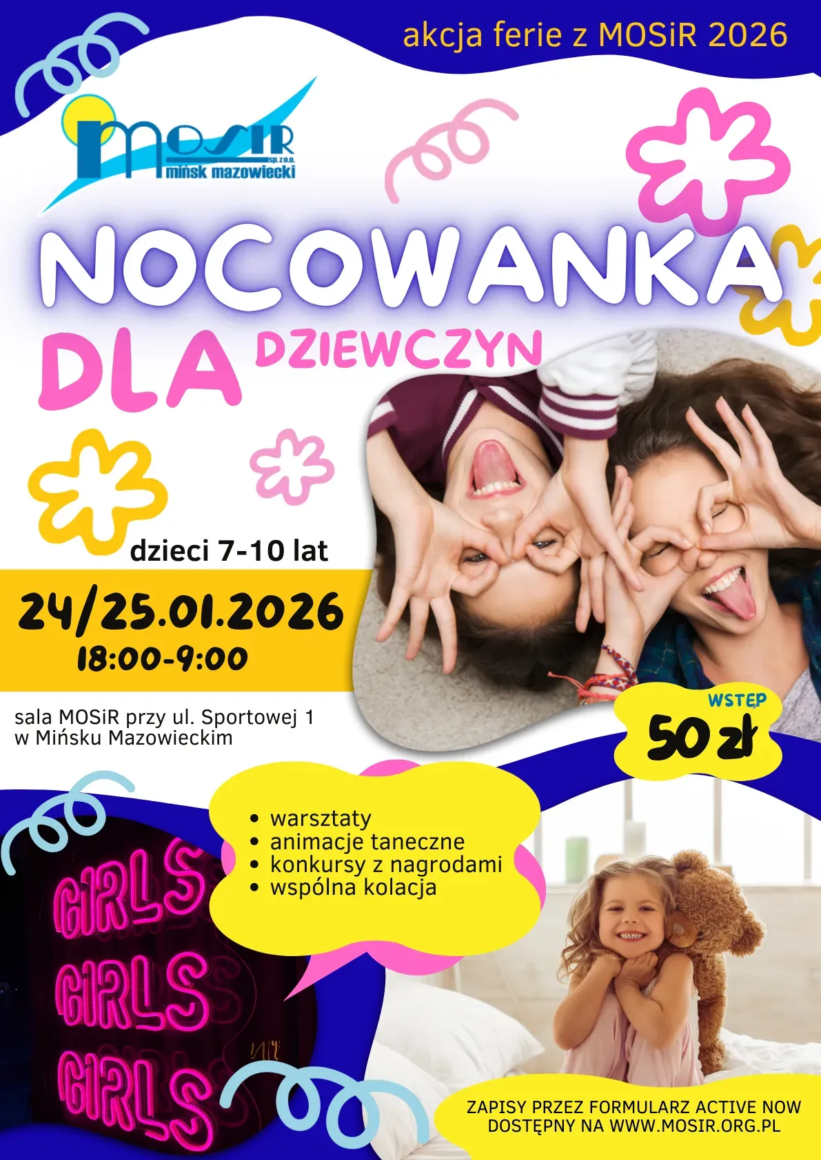 Kliknięcie powiększy obraz. Na plakacie dwie dziewczynki leżące na podłodze robiące dłonią okulary i uśmiechające się. Poniżej mała dziewczynka obejmująca dużego pluszowego misia.