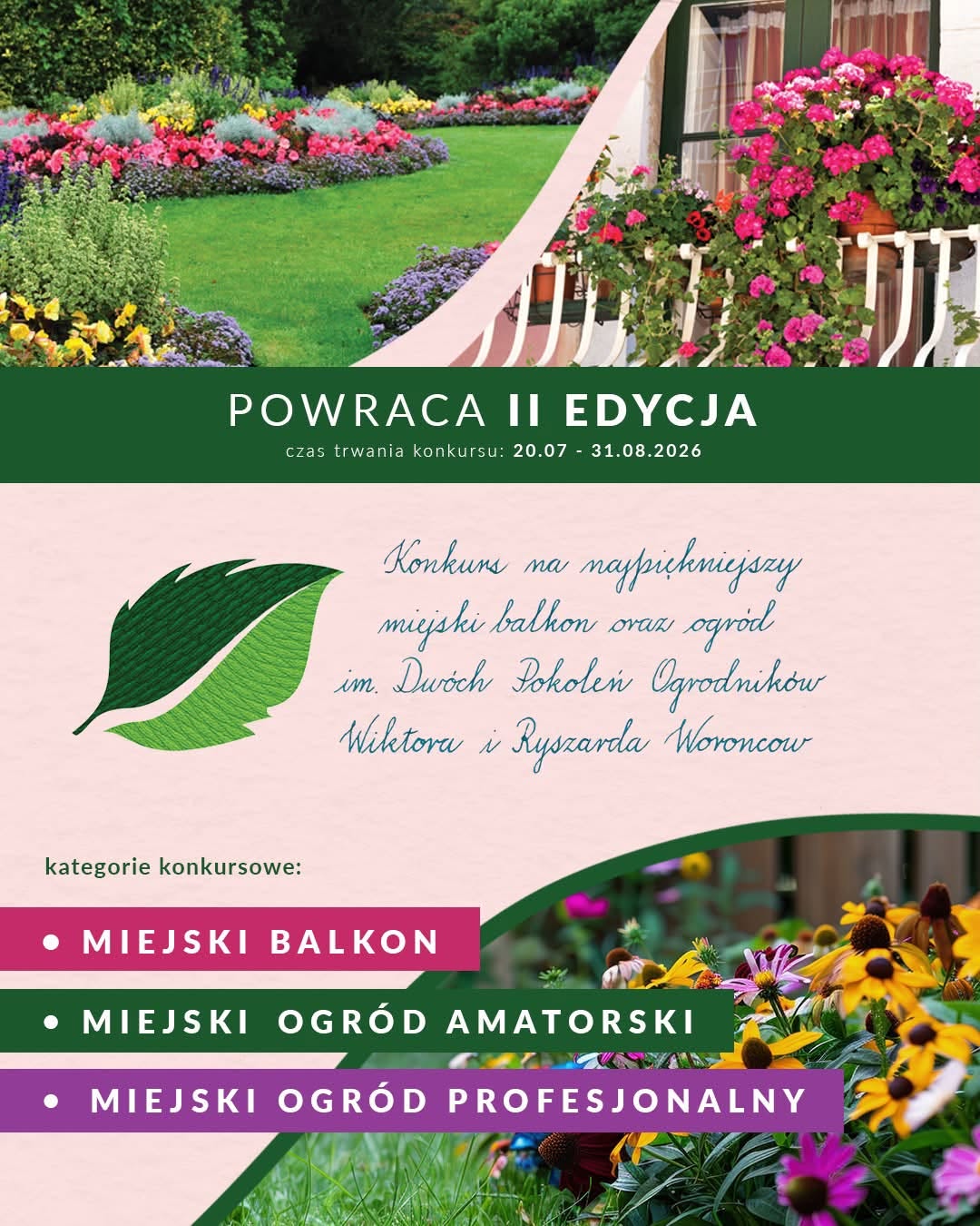 Kliknięcie powiększy obraz. Kolorowy plakat konkursu ogrodniczego. U góry zielony trawnik z rabatami kwiatowymi. Po prawej balkon z donicami pełnymi różowych kwiatów. Środkowy ciemnozielony pas z informacją o powrocie edycji i terminie konkursu. Na jasnoróżowym tle zarys zielonego liścia. U dołu trzy kolorowe paski oznaczające kategorie oraz zdjęcie rabaty z żółtymi i fioletowymi kwiatami.