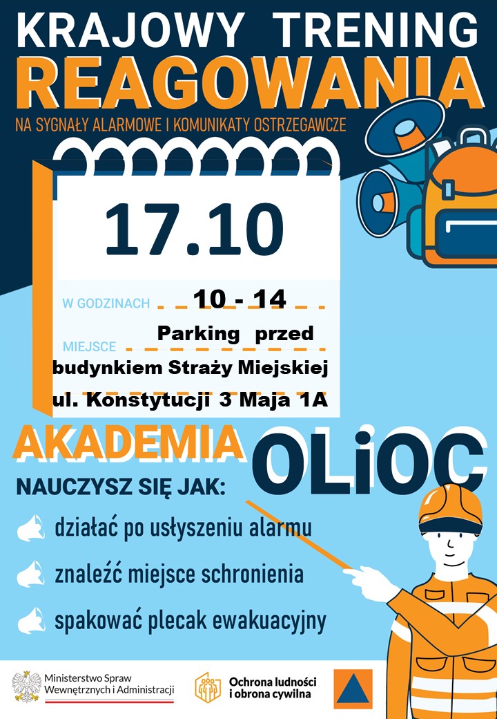 Kliknięcie powiększy obraz. Plakat informacyjny w niebiesko-pomarańczowej kolorystyce. Duży kartkowy kalendarz z wyróżnioną datą na środku. Po prawej ilustracje megafonu i plecaka ratunkowego. Poniżej rysowana postać w pomarańczowym kasku i kamizelce wskazuje prawą ręką. U dołu trzy logotypy instytucji.