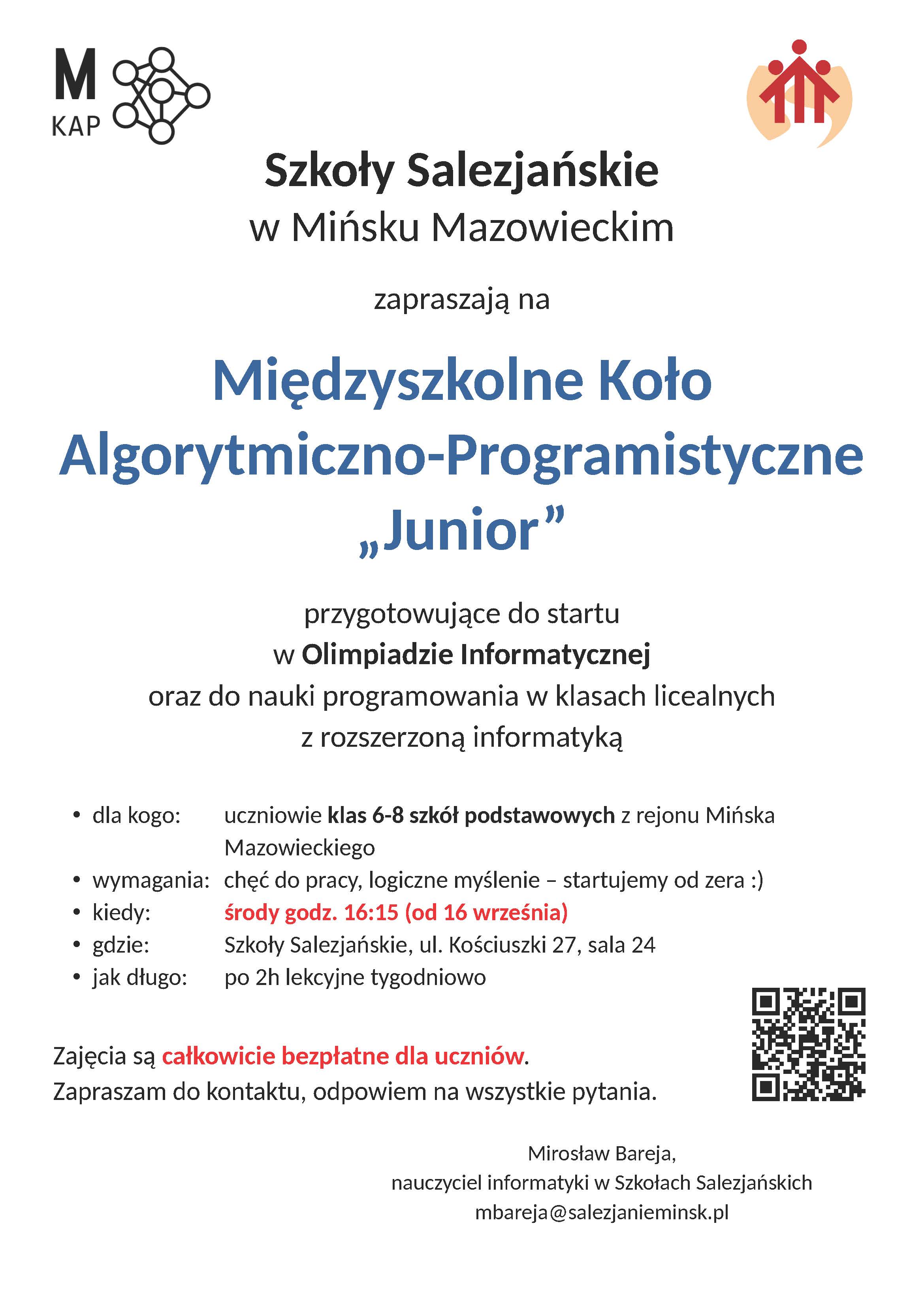 Kliknięcie powiększy obraz. Biała ulotka z logotypami w górnych narożnikach. Pod logo duży nagłówek informujący o między‑szkolnym kole programistycznym, napis w kolorze niebieskim. Poniżej akapit z informacjami o celu zajęć, odbiorcach i wymaganiach, lista punktowana z godziną spotkań wyróżnioną czerwonym kolorem oraz miejscem zajęć. Na dole tekst o bezpłatnym uczestnictwie i kontakt do nauczyciela oraz kod QR po prawej stronie.