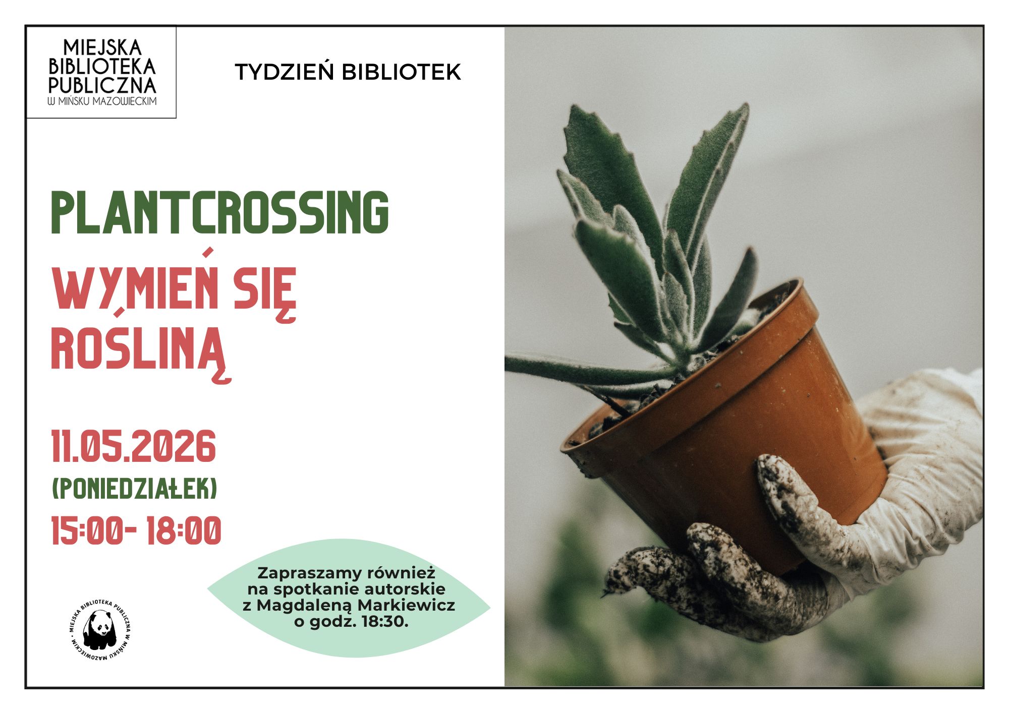 Kliknięcie powiększy obraz. Plakat promujący wymianę roślin organizowaną przez miejską bibliotekę, z logo biblioteki w lewym górnym rogu. Po lewej widoczny jasny panel z informacjami tekstowymi i akcentami kolorystycznymi; po prawej duże zdjęcie rękawicowanych dłoni trzymających plastikową doniczkę z zieloną sukulentową rośliną na jasnoszarym tle.