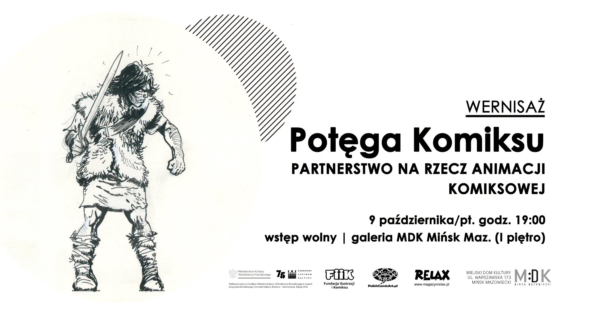 Kliknięcie powiększy obraz. Po lewej rysunek postaci pierwotnej w futrzanym ubraniu trzymającej miecz. Po prawej duża czarna typograficzna kompozycja informacyjna na białym tle. U góry pośrodku półkole z ukośnymi paskami.
