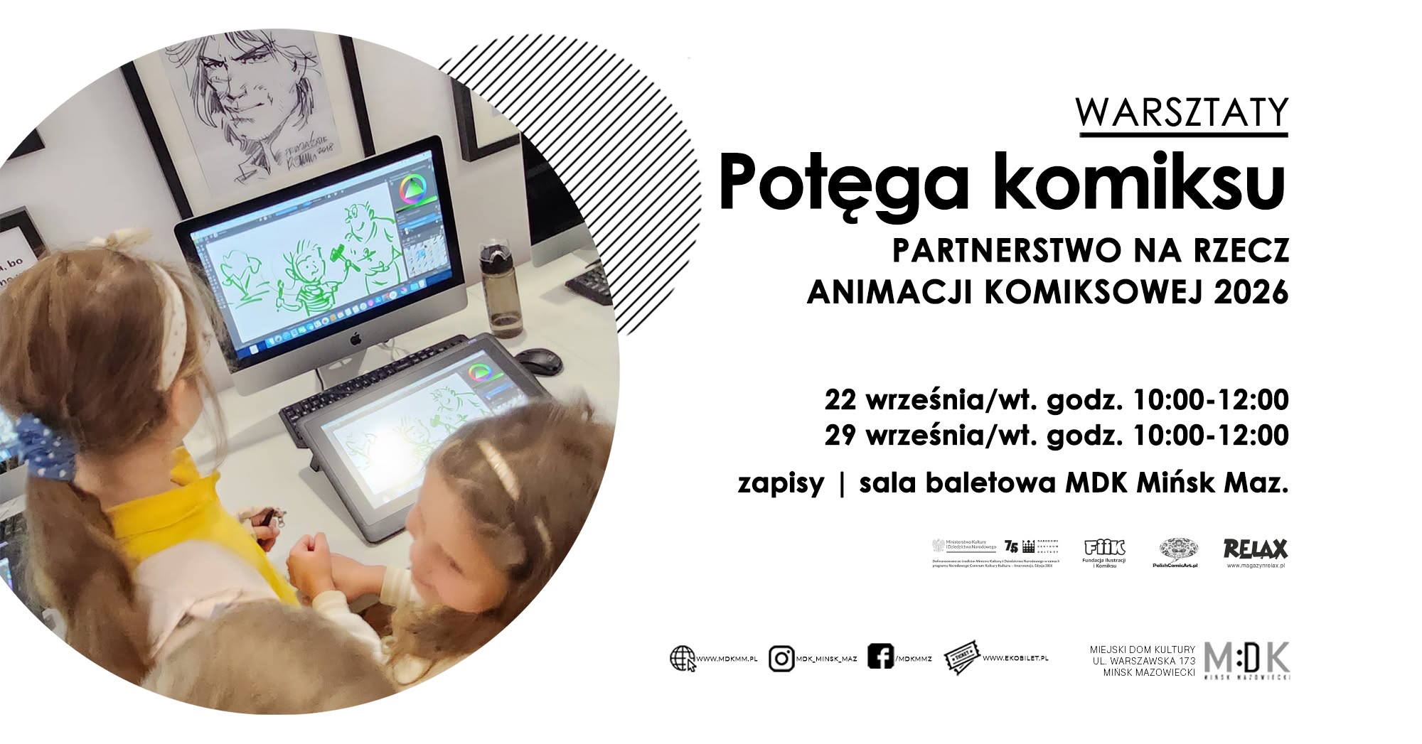 Kliknięcie powiększy obraz. Duże koło po lewej ukazuje dwoje dzieci z tyłu siedzących przy komputerach i rysujących cyfrowe szkice na ekranach. Na ekranach widoczne proste zielone rysunki postaci. Na ścianie za monitorami wisi czarno-biała szkicowa ilustracja twarzy. Prawa część obrazu ma biały, pusty obszar z czarnymi, dużymi napisami informacyjnymi.
