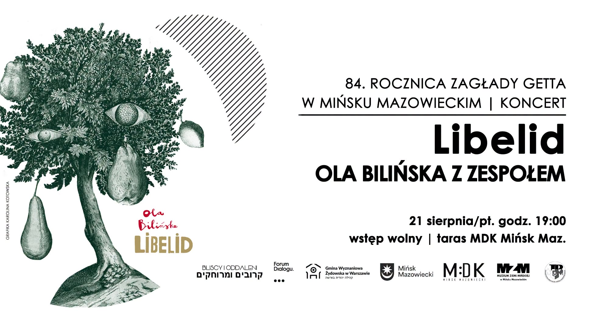 Kliknięcie powiększy obraz. Po lewej duża zielona ilustracja drzewa z gęstymi liśćmi, wiszącymi gruszkami i owalnymi elementami przypominającymi oczy. Prawa część ma białe tło i wyraźną czarną typografię zapowiadającą rocznicowy koncert oraz nazwę wykonawcy. U dołu rząd małych logotypów organizatorów. Kompozycja jest kontrastowa i minimalistyczna.