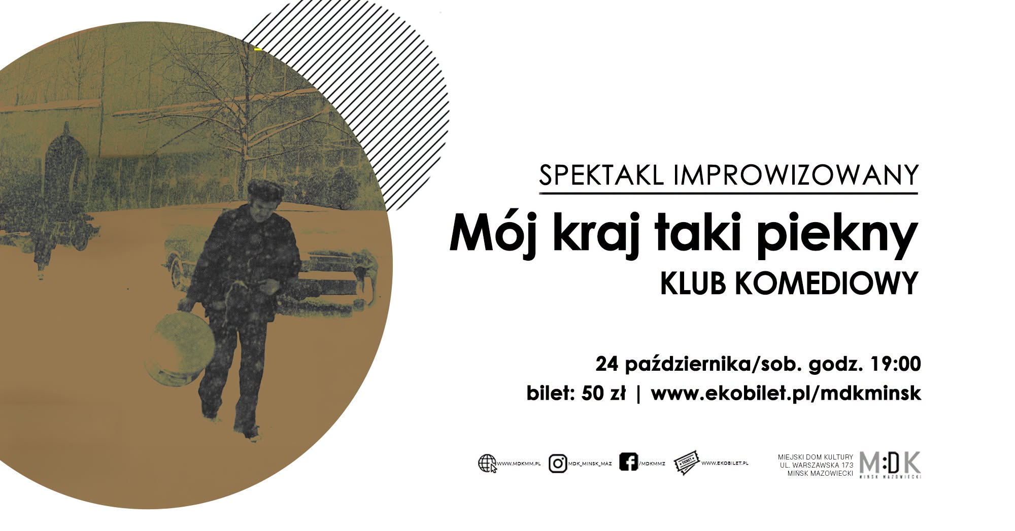 Kliknięcie powiększy obraz. Plakat na białym tle z dużym kolistym polem po lewej zawierającym sepiowe zdjęcie zimowego parku. Mężczyzna idzie po śniegu trzymając okrągły przedmiot, w tle samochód, ławka i drzewa; część koła nakrywa półprzezroczysty okrąg z ukośnymi czarnymi prążkami.