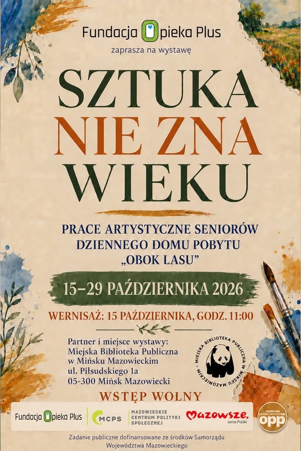 Kliknięcie powiększy obraz. Pionowy plakat na kremowym tle z akwarelowymi plamami w narożnikach w odcieniach niebieskiego, zielonego i pomarańczowego. Na środku wyróżnione duże napisy informujące o wystawie i terminie w październiku. Na dole z lewej i prawej strony logotypy organizatorów. Po prawej widoczne kilka pędzli z farbą. Całość ma elegancki, artystyczny układ i zielono-pomarańczowe akcenty.