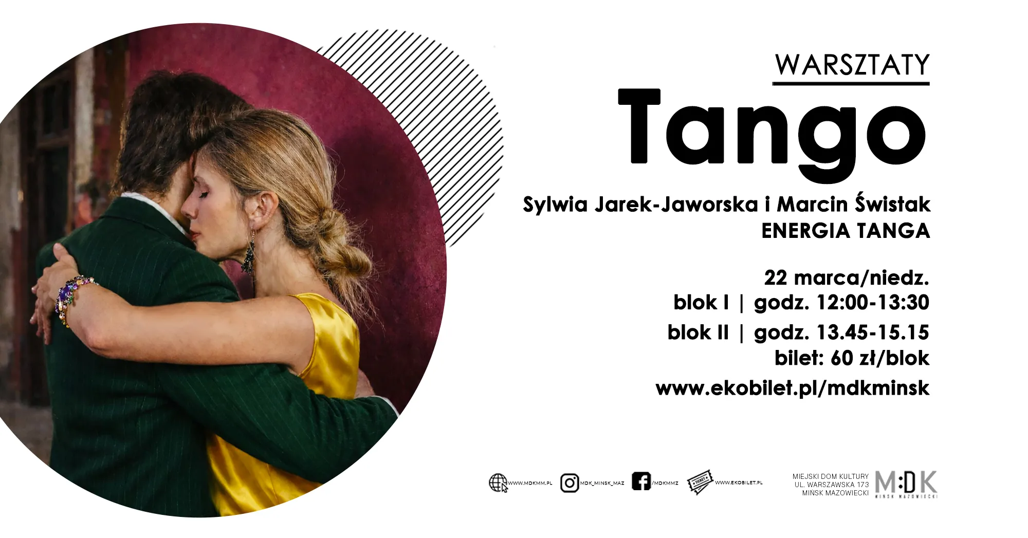 Kliknięcie powiększy obraz. Para tańczy tango w bliskim objęciu; kobieta w żółtej satynowej sukience i warkoczu opiera głowę na ramieniu partnera w ciemnozielonym garniturze. Lewa część obrazu ma okrągłe zdjęcie z bordowym tłem, prawa część ma jasne, białe tło z wyraźną czarną typografią i ikonami informacyjnymi.