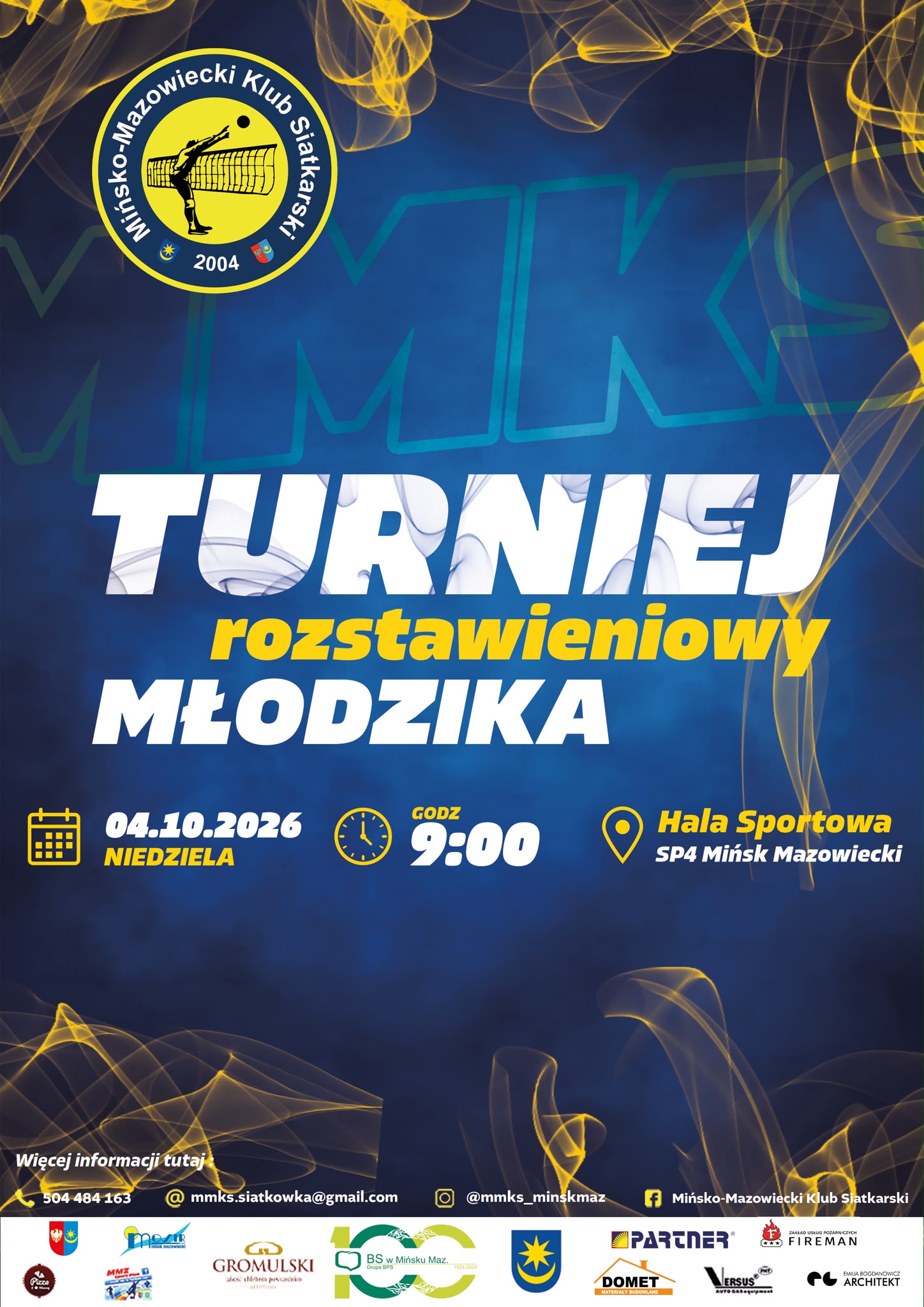 Kliknięcie powiększy obraz. Logo klubowe w lewym górnym rogu. Tło w głębokim niebieskim kolorze z żółtymi, falującymi smugami. Duży, biało-żółty nagłówek w centralnej części. Piktogramy daty, zegara i lokalizacji z informacjami pod nagłówkiem. Pasek z logotypami sponsorów u dołu.
