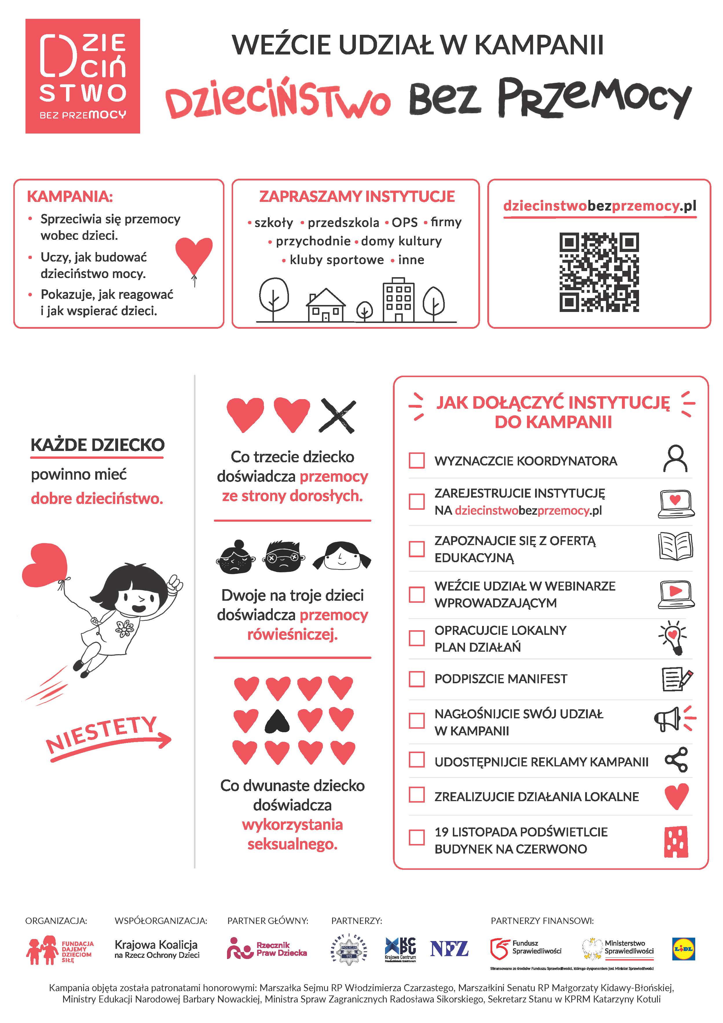Kliknięcie powiększy obraz. Plakat kampanii o białym tle z czerwono-czarną kolorystyką. W górnej części duży tytuł kampanii i czerwone logo w lewym rogu. Poniżej trzy ramki informacyjne z ikonami i kodem QR. Lewa kolumna zawiera rysunek bawiącego się dziecka z czerwonym balonem i statystyki obrazkowe. Prawa kolumna zawiera listę kontrolną kroków dołączenia instytucji z ikonami. Na dole rząd logotypów partnerów.