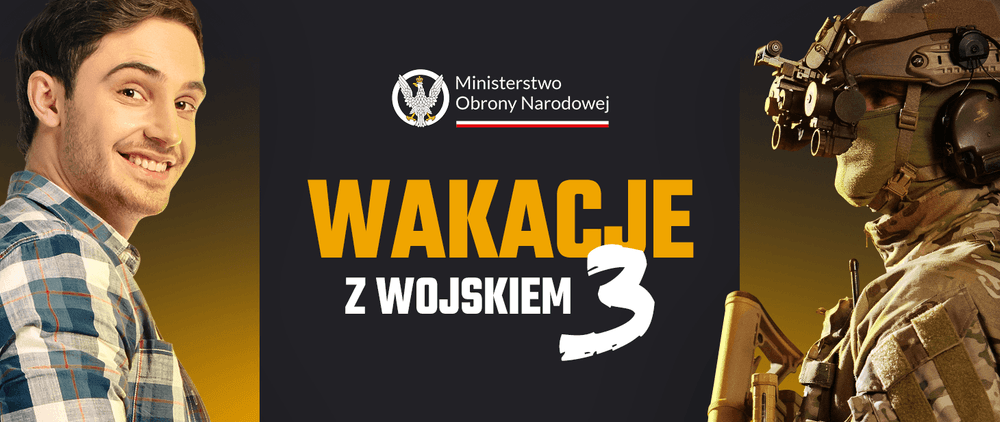 Kliknięcie powiększy obraz. Młody mężczyzna w kraciastej koszuli stoi po lewej i uśmiecha się. Po prawej stoi żołnierz w mundurze kamuflażowym z hełmem, noktowizorem i trzyma broń. Na środku ciemne tło z oficjalnym herbem ministerstwa i dużym żółtym napisem promocyjnym.