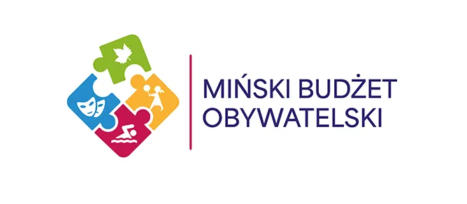 Cztery części układanki z ikonami teatru, liścia, biegacza i pływaka po lewej stronie oraz napis Miński Budżet Obywatelski po prawej.