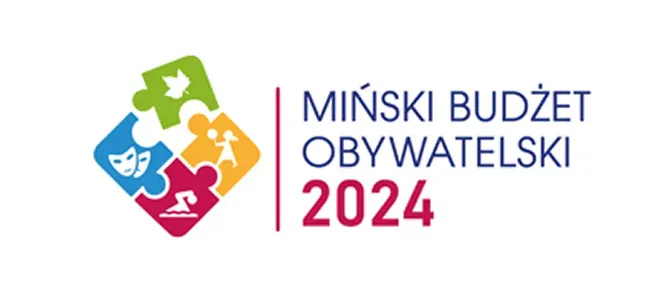 Kliknięcie spowoduje wyświetlenie powiększenia Cztery kolorowe elementy puzzli z piktogramami i napis „Miński Budżet Obywatelski 2024”.