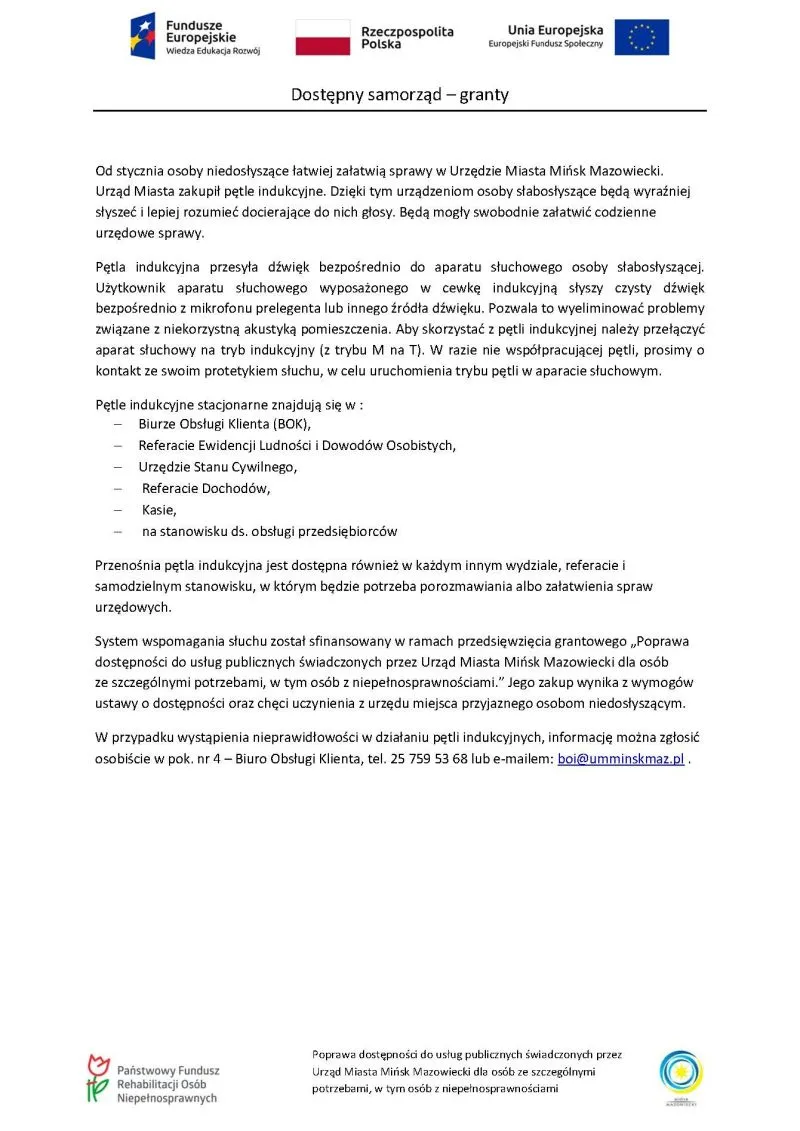 Dokument informujący o dostępności pętli indukcyjnej dla osób niedosłyszących w Urzędzie Miasta Mińsk Mazowiecki wraz z miejscami instalacji i danymi kontaktowymi.