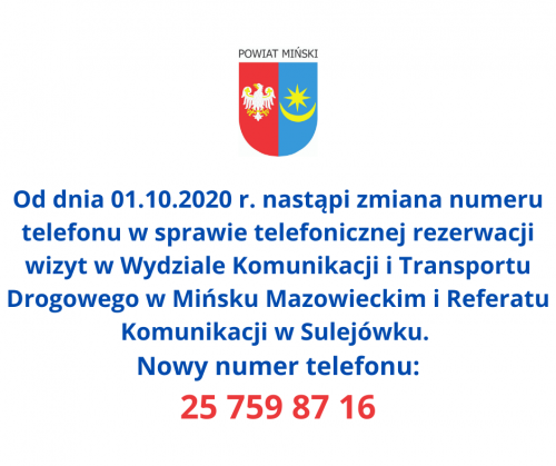 Zmiana numeru telefonu w sprawie telefonicznej rezerwacji wizyt w Wydziale Komunikacji i Transportu Drogowego