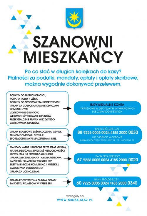 Informacja dla mieszkańców o numerach kont rachunków bankowych Urzędu Miasta