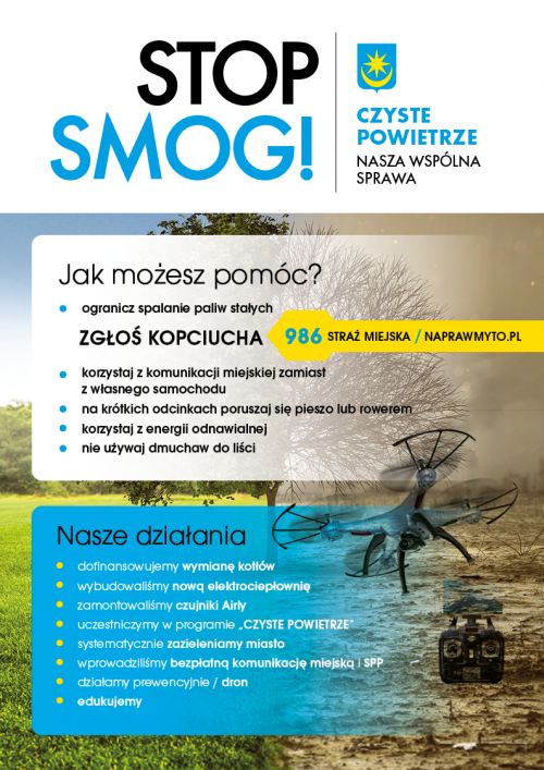 grafika z napisem stop smog i zdjeciem drzewa oraz drona w tle