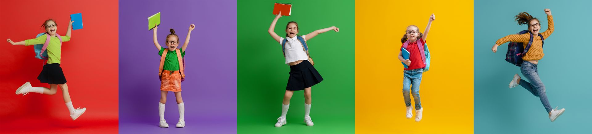 pięć zdjęć dziewczynek na kolorowych tłach z książkami i plecakami