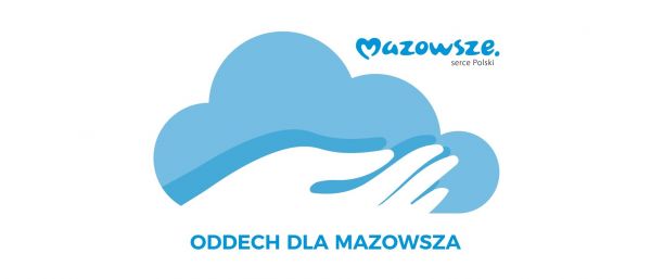 napis oddech dla mazowsza, logo mazowsza na pierwszym planie dłoń trzymająca chmurę