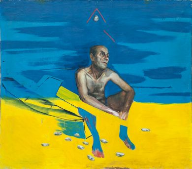 Obraz Jacka Siudzińskiego. Postać szarego, siedzacego człowieka na żółto-niebieskim tle.