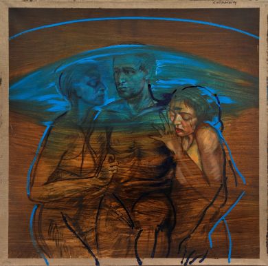 Obraz Jacka Siudzińskiego. Mężczyzna obejmujący dwie kobiety.