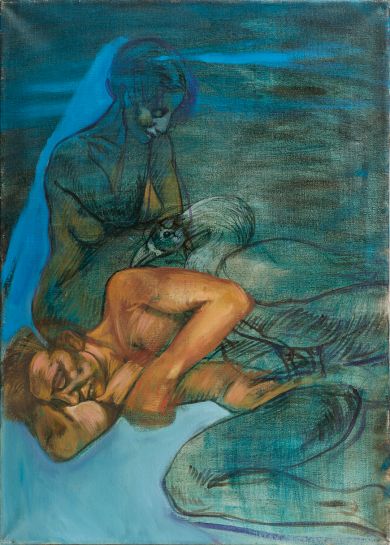 Obraz Jacka Siudzińskiego. Kobieta siedzaca w welonie, obok niej śpiący mężczyzna. Pomiędzy nimi stoi ptak.