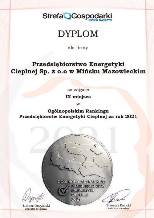 Grafika o treści: Strefa Gospodarki -BIZNES MAGAZYN - DYPLOM dla firmy Przedsiębiorstwo Energetyki Cieplnej Sp. z o.o w...
